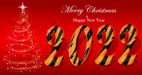 Happy New Year 2022. Tiger number. Golden christmas tree with star. Festive realistic decoration. Celebrate 2022 party, web poster, banner, cover, brochure, flyer, layout design.  Red background.