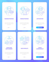 Laser surgery for eyesight onboarding mobile app page screen set. Procedure walkthrough 6 steps graphic instructions with concepts. UI, UX, GUI vector template with linear color illustrations