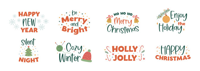 Collection of Christmas handwritten lettering with hand drawn holiday decorations - holly leaves, light garland, candles, knitted socks and gifts. Festive colorful phrases