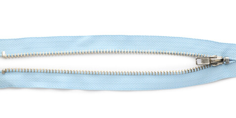 Light blue zipper on white background, top view
