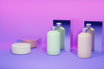 Set Blank cosmetic packaging mock up, pastel background, 3d rendering