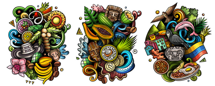 Colombia cartoon vector doodle designs set.
