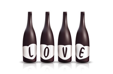 Wine bottles with labels in the form of letters. For wine boutiques, shops and wine connoisseurs. Vector illustration 3D.