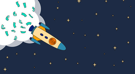 Illustration of bitcoin spaceship flying in starry sky. Creative vector illustration of bitcoin rocket launcher with falling money banknotes flying on dark night sky for crypto currency concept. 