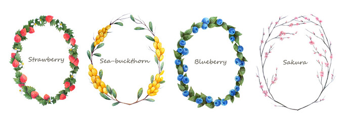 Set of hand-drawn frames of berries and flowers. Colored pencils. Isolated illustrations