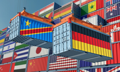 Freight containers with Germany and Democratic Republic of the Congo national flag. 3D Rendering 