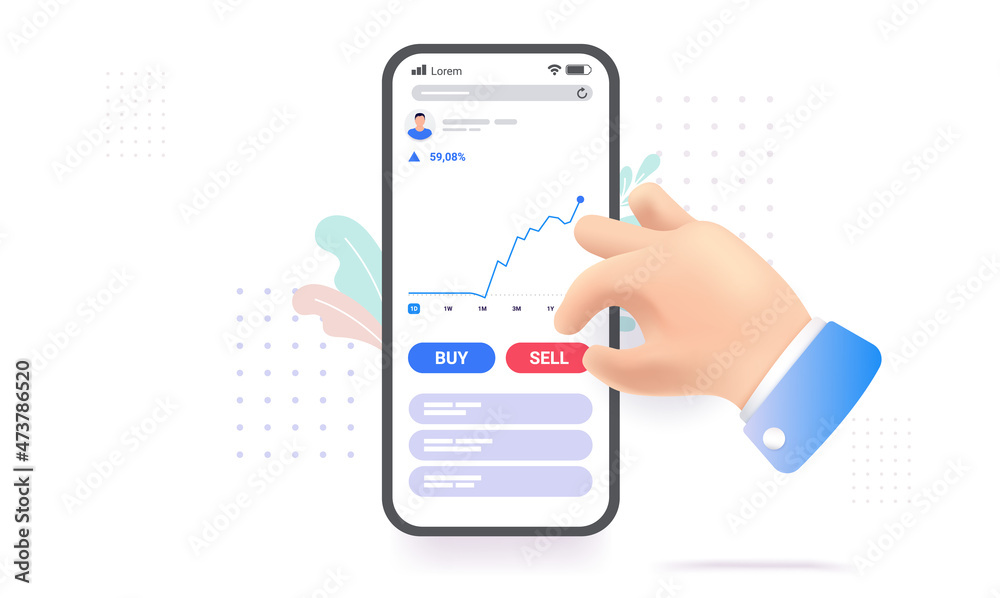 Poster stock market mobile phone app - human hand and smartphone with user interface of trading graph and b