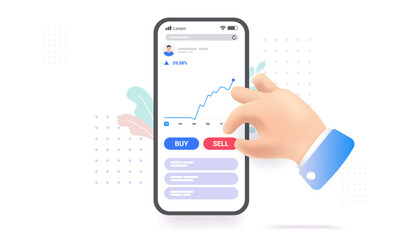 Stock market mobile phone app - Human hand and smartphone with user interface of trading graph and buy and sell button. Vector illustration