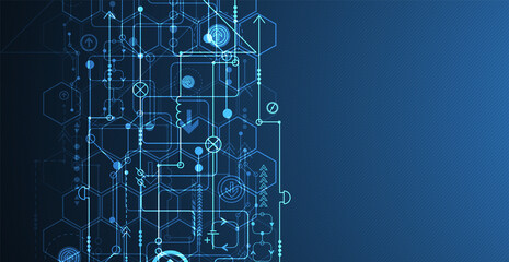 Abstract circuit board and hexagons on dark blue color background. Hi-tech digital technology concept.