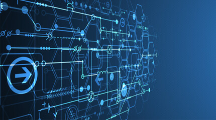 Abstract circuit board and hexagons on dark blue color background. Hi-tech digital technology concept.