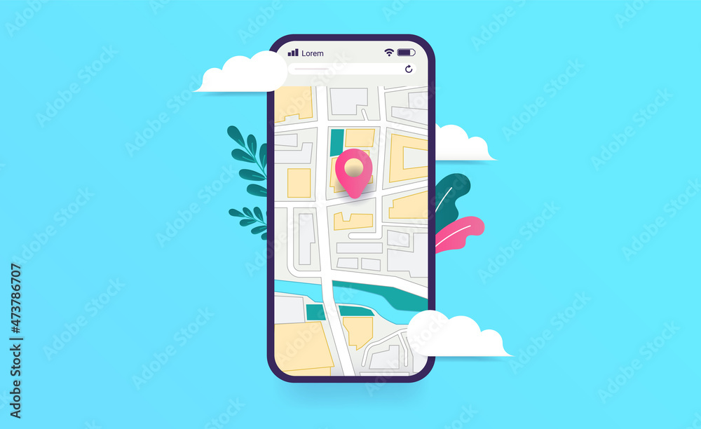 Poster smartphone with map and geotag icon on screen. vector illustration with blue background