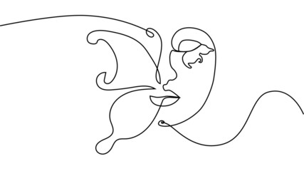 abstract face with butterfly one line drawing. Portret minimalistic style