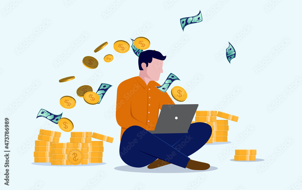 Poster making money on computer - man sitting with laptop in lap earning cash online. flat design vector il