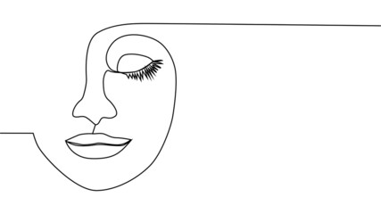 Woman face with flowers one line drawing. Continuous line drawing art. Flower bouquet in woman