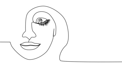 Woman face with flowers one line drawing. Continuous line drawing art. Flower bouquet in woman
