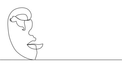 Woman face with flowers one line drawing. Continuous line drawing art. Flower bouquet in woman
