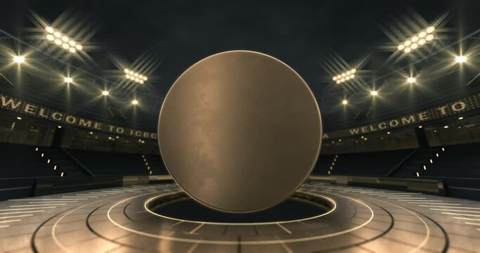 Virtual sport stadium with glowing ice hockey puck floating in the air. Two time looped 4k video parts as golden and blue variant. Virtual studio background animation.