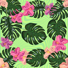 Floral exotic tropical seamless pattern tropic hawaiian wallpaper. Botanical print. Modern floral background.