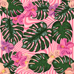 Fototapeta na wymiar Floral exotic tropical seamless pattern tropic hawaiian wallpaper. Botanical print. Modern floral background.