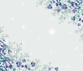 雪の結晶の降る美しい冬の北欧風オシャレなハーブ植物の半透明グレーのバックフレームイラストベクター素材
