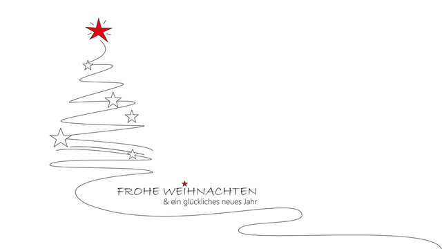 weihnachtskarte - moderner tannnebaum  mit  feinen schwarzen linien und rotem stern und deutschem text - frohe weihnachten und ein glückliches neues jahr