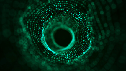 Abstract dynamic wireframe tunnel on green background. Deep wavy wormhole. Futuristic particle flow. 3d rendering.