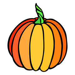 Vector hand drawn illustration of pumpkin. Isolated object on white background. Colorful vegetable harvest clip art. Farm market product. Elements for autumn design, decoration.