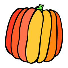 Vector hand drawn illustration of pumpkin. Isolated object on white background. Colorful vegetable harvest clip art. Farm market product. Elements for autumn design, decoration.