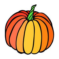 Vector hand drawn illustration of pumpkin. Isolated object on white background. Colorful vegetable harvest clip art. Farm market product. Elements for autumn design, decoration.