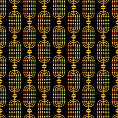 Cute Kwanzaa seamless pattern with seven kinara candles in traditional African colors - black, red, green on black. Vector Kwanzaa holiday background design.