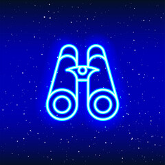 Neon light binocular design. Linear binocular design. Neon rover in space. Unique and realistic neon icon. Linear icon on blue background.