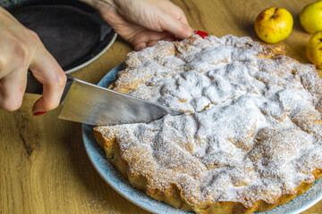 Home fresh apple pie cooking on wooden table