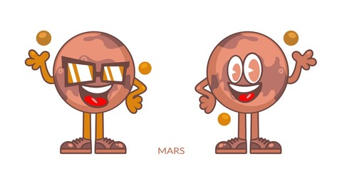 Two Funny Happy Smiling Mars Planet Cartoon Characters