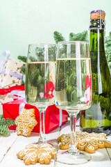 Two glasses with Champagne drink, simple festive Christmas and New Year background