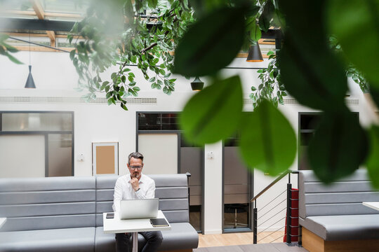 Mature businessman with hand on chin looking at laptop in office