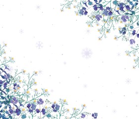 雪の結晶の降る美しい冬の北欧風オシャレな植物の白バックフレームイラストベクター素材