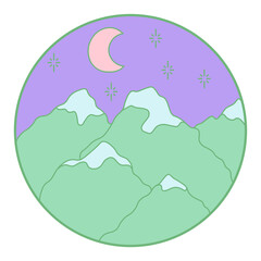 Vector illustration of mountain. Colorful hand drawn outline icon in circle frame. For print, web, design, decor, logo.