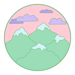 Vector illustration of mountain. Colorful hand drawn outline icon in circle frame. For print, web, design, decor, logo.
