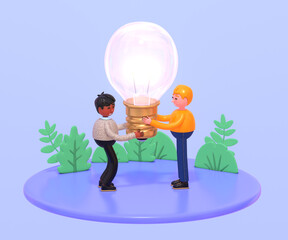 3d render of two people holding big idea bulb. Creativity, brainstorming or teamwork concept