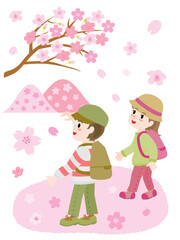 春にお花見をする子供たちのイラスト
