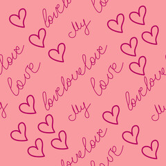 Love text Seamless pattern. Text backgrounds applicable in printing, textiles, art objects, clothing, wallpaper