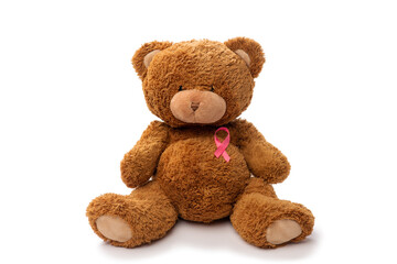 medicine, healthcare and oncology concept - teddy bear toy with pink breast cancer awareness ribbon on white background