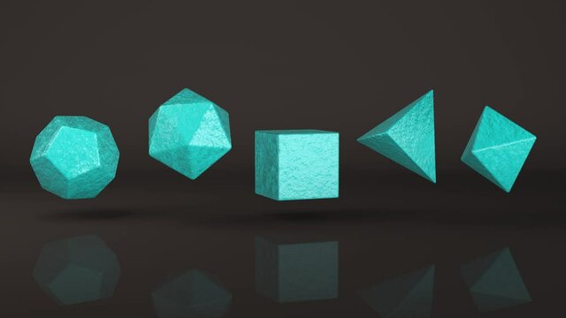 Abstract 3d animation of the movement of crystals, platonic bodies made of ice in space with a reflective surface.