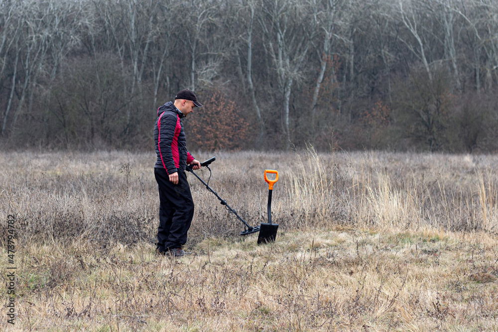 Wall mural a man with a metal detector and a shovel walks in a clearing near the forest