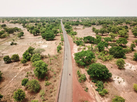 Mali, Bougouni, Aerial view of RN7 road across arid Sahel zone