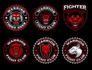 A set of vector Mascots such as a gorilla, a tiger, a wolf, a lion, a pit bull, and others, these designs can be used as logos for a sports team as well as t-shirt prints.