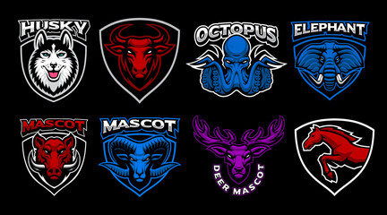 A set of vector mascots with different animals such as bulls, an octopus, a deer, an elephant, a husky, these designs can be used as sports logos as well as t-shirt prints