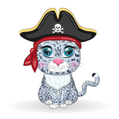 Snow leopard pirate, cartoon character of the game, wild cat in a bandana and a cocked hat with a skull, with an eye patch. Character with bright eyes
