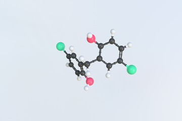 Dichlorophen molecule, scientific molecular model, looping 3d animation