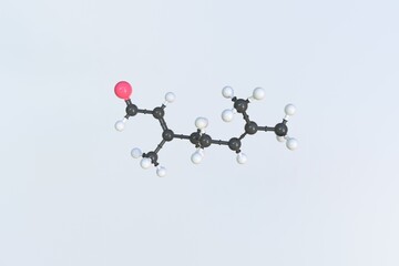 Citral molecule made with balls, scientific molecular model. 3D rendering